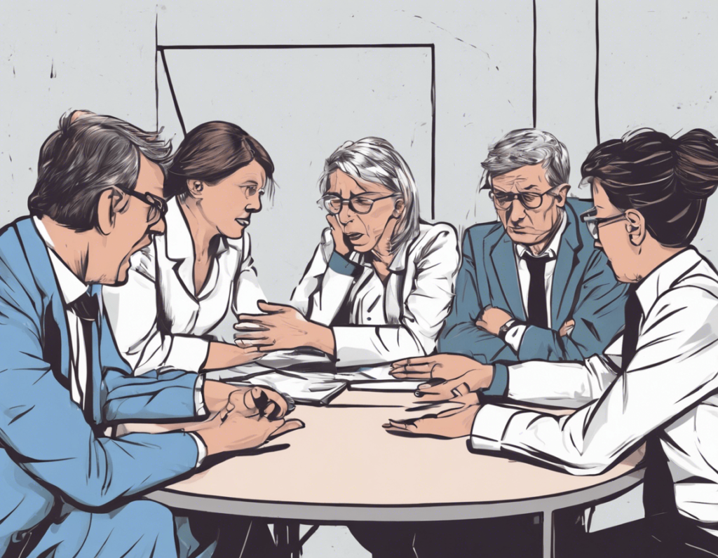 a group of people are sitting around a table having a meeting .
